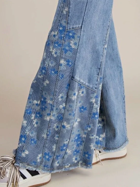 Easel Light Wash Floral print Wide leg Frayed Hem Denim Jeans - Picture 3 of 7